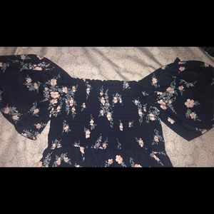off the shoulder navy blue floral dress